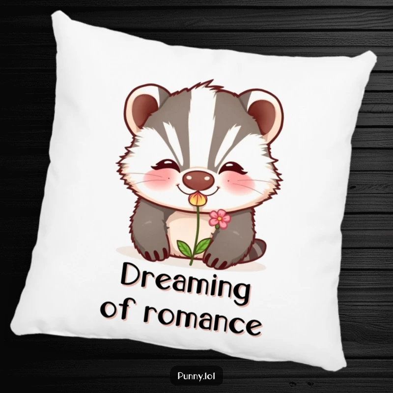 Funny pillow design of a grinning badger blowing a kiss that transforms into a delicate flower, perfect for cozy and romantic lounging.