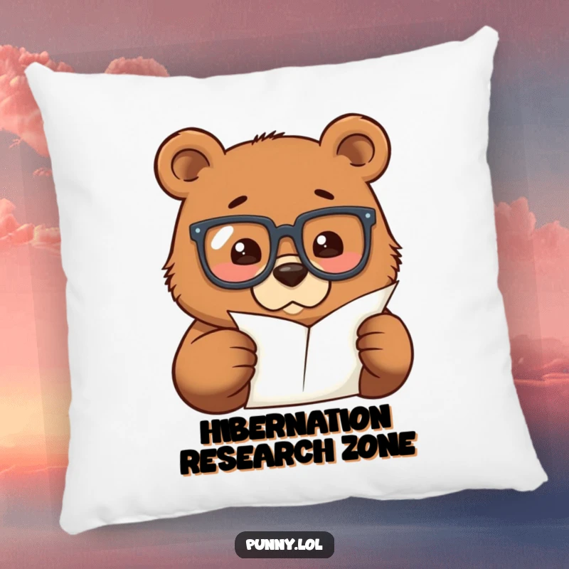Funny pillow featuring a bear in large glasses, intently studying a tiny paper, offering comfort and humor for study spaces.
