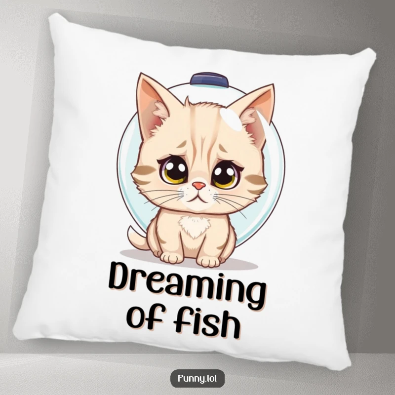 Funny pillow with a design of a confused cat trying to wear a fishbowl as a helmet, adding whimsy.