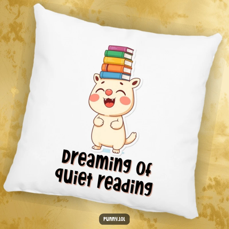 Funny pillow with a joyful creature balancing a stack of books on its nose, offering comfort and humor in decor.