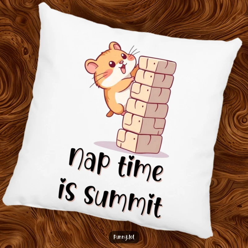 Funny hamster pillow with a plush design of a determined rodent climbing a large block, symbolizing effort.