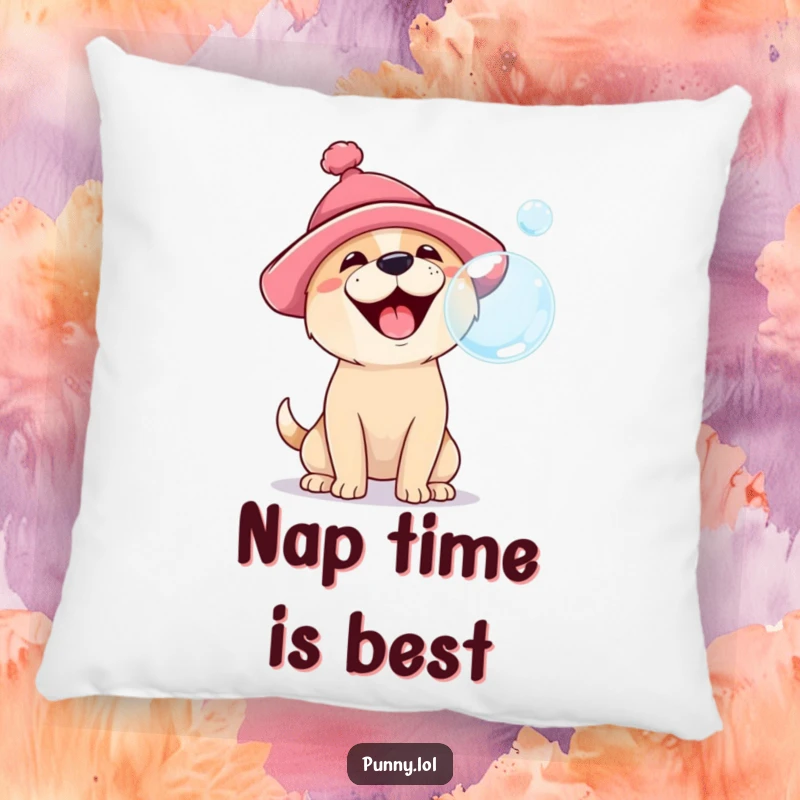 Funny, plush pillow featuring a happy dog wearing a silly hat, barking at a floating bubble, offering a humorous and comfortable accent.