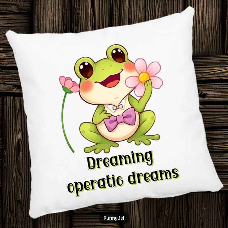 Funny Pillow: A soft cushion featuring a cheerful frog wearing a bowtie, singing into a flower.