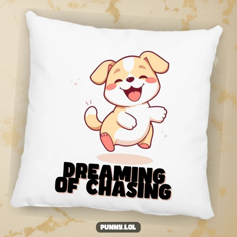 Funny dog pillow with a plush design of a happy puppy comically spinning in pursuit of its own tail.