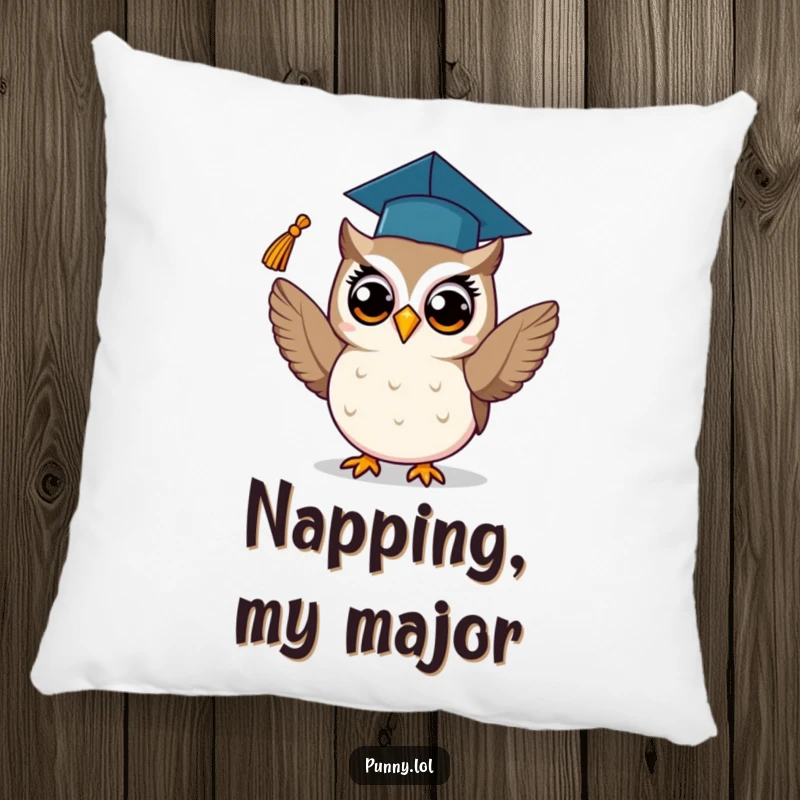 Funny pillow featuring a proud owl in academic attire, tossing its tassel, perfect for celebrating graduation in comfort.