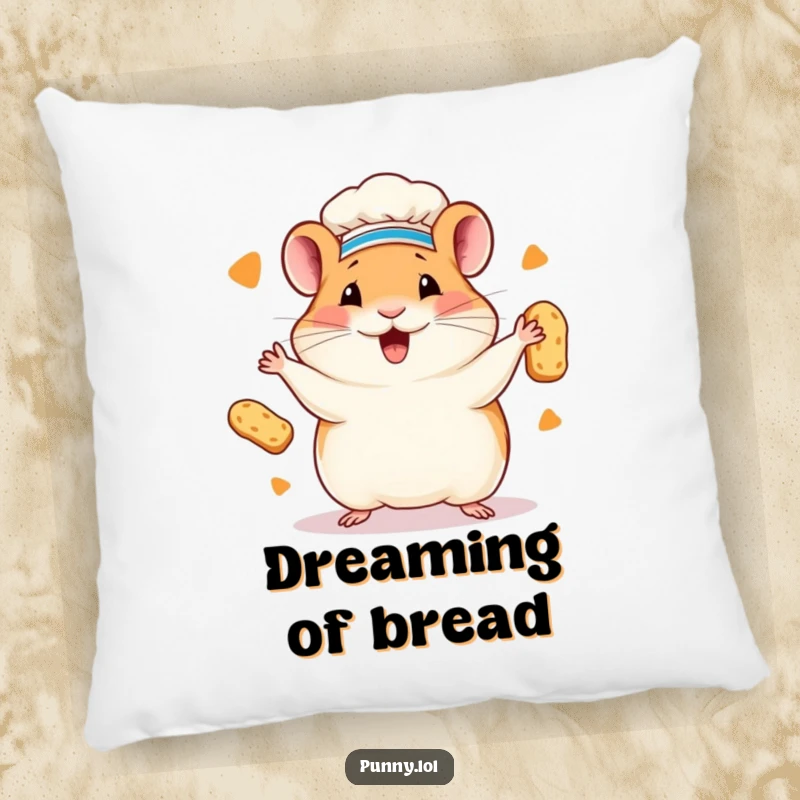 Funny hamster chef pillow featuring a happy hamster in a chef hat juggling tiny bread loaves. Soft and humorous decorative item.