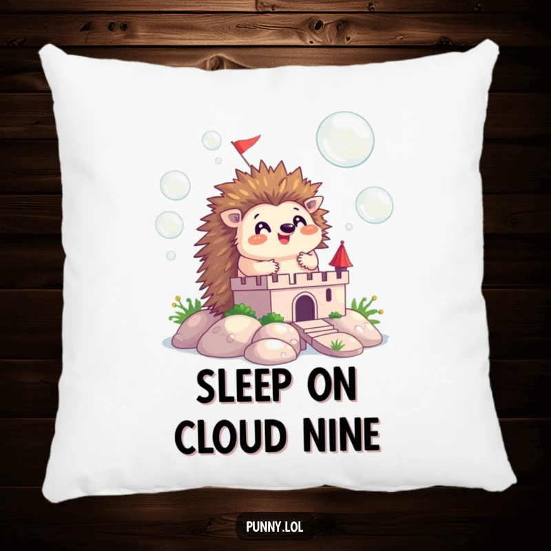 Funny pillow design of a happy hedgehog constructing a castle from shimmering bubbles, perfect for cozy and whimsical lounging.