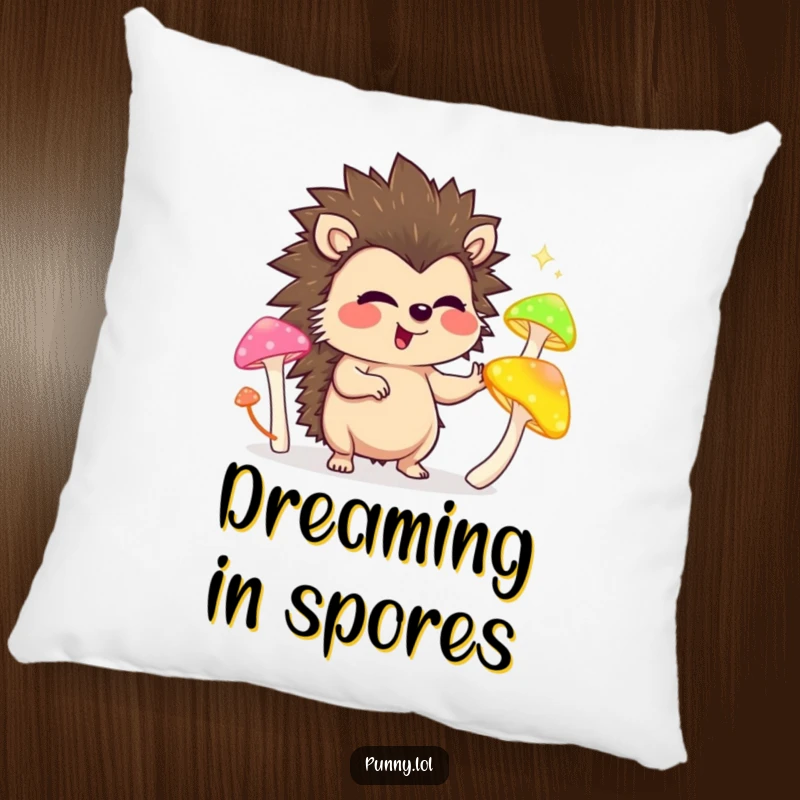 Funny pillow featuring a giggling hedgehog character juggling bright, glowing mushrooms, adding a touch of playful charm.