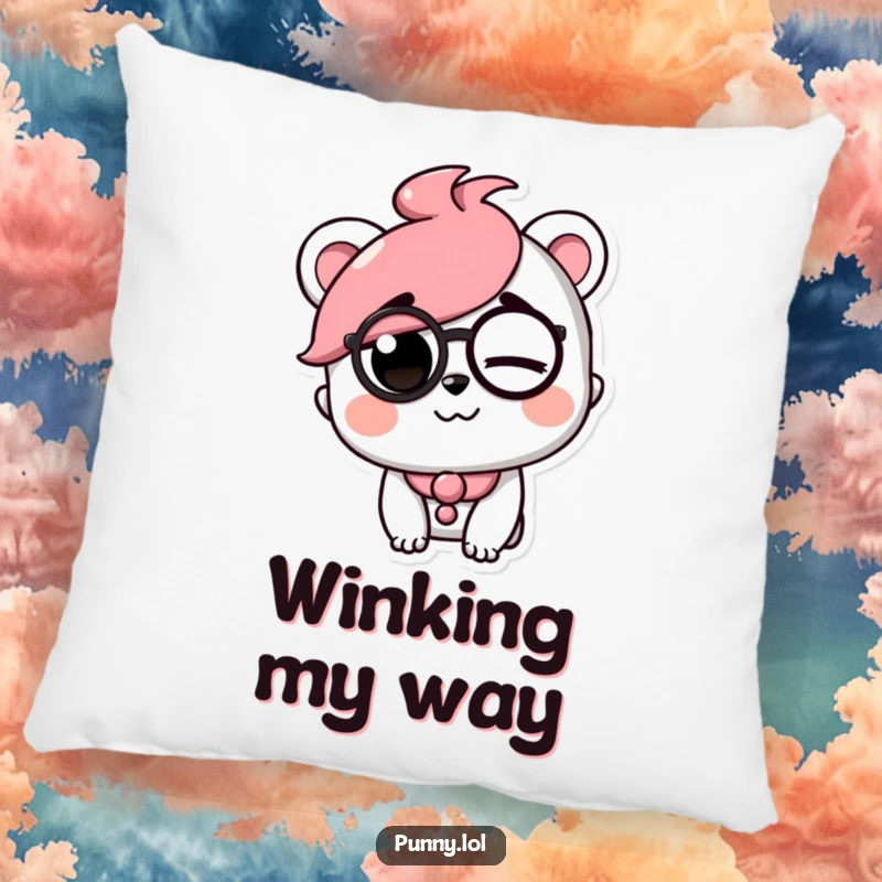 Funny pillow with a playful character wearing a monocle and winking with a raised eyebrow, adding comfort and humor.