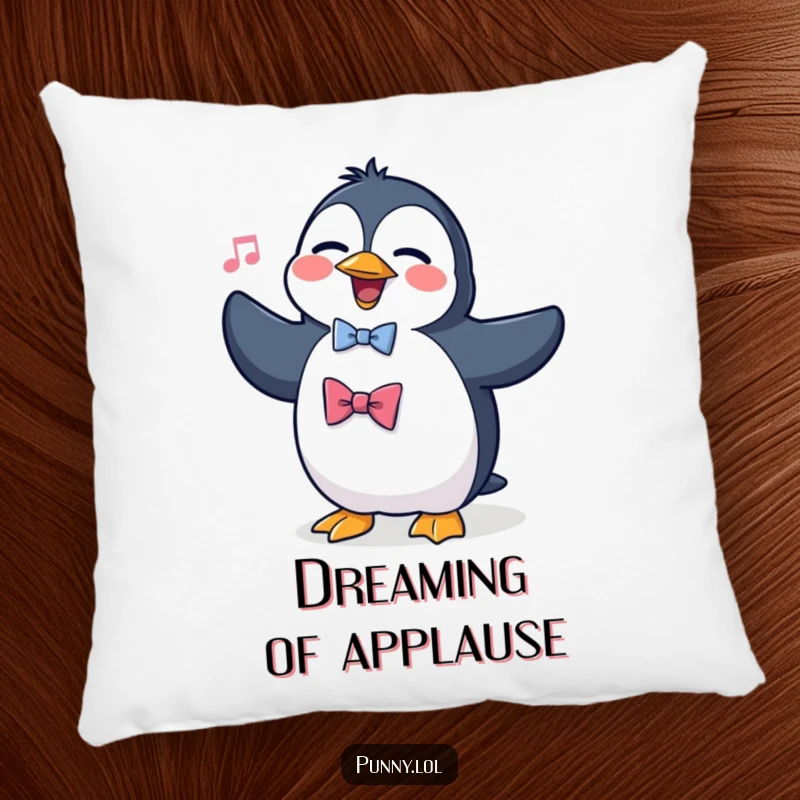 Funny, plush pillow featuring a silly penguin wearing a bowtie, passionately singing opera, offering a humorous and comfortable accent.