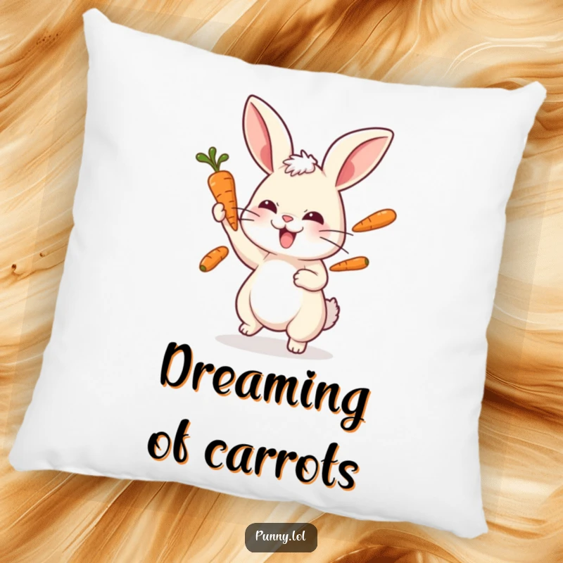 Funny rabbit pillow with a plush design of a playful bunny juggling three carrots with intense focus.