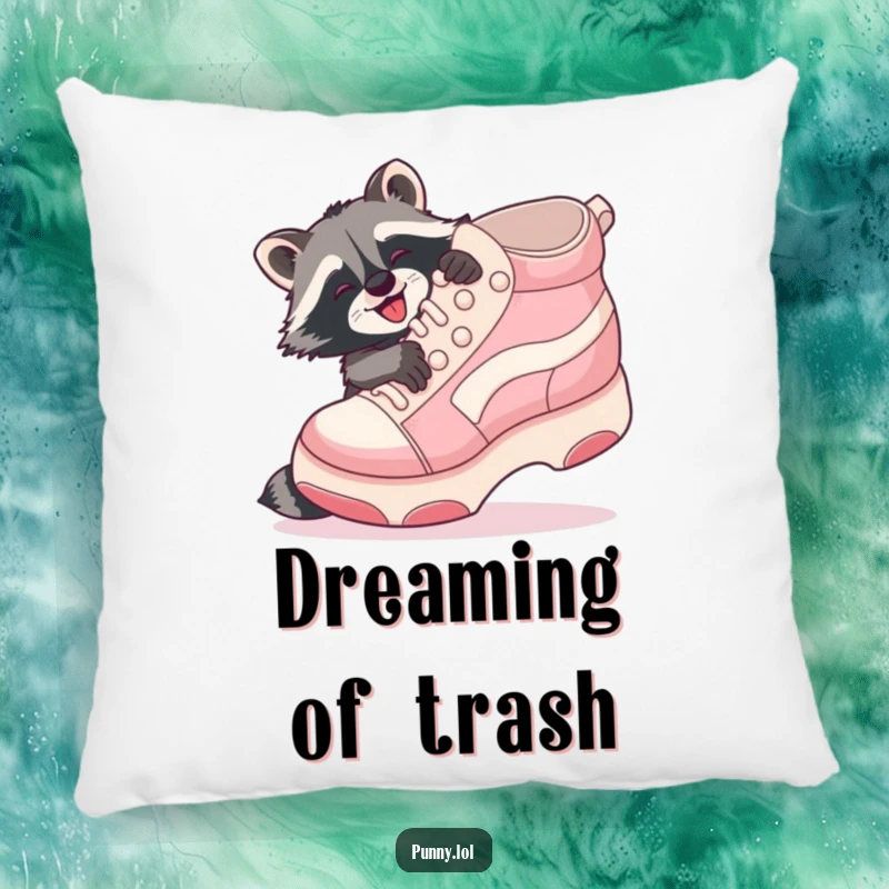 Funny Raccoon Shoe Hug Pillow: A playful raccoon gleefully hugs a giant inflatable shoe, perfect for cozy naps.