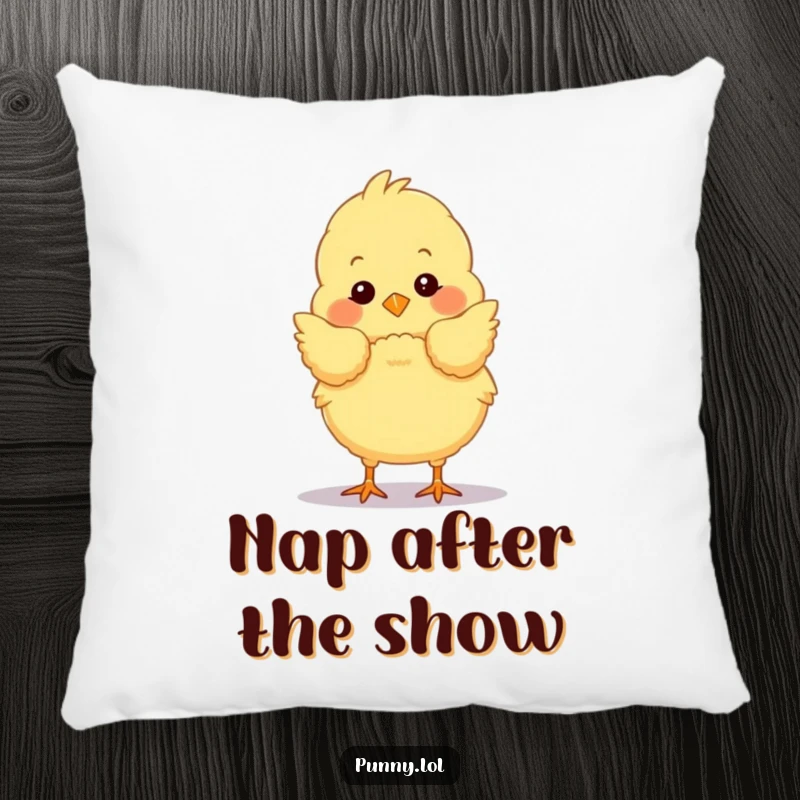 Funny chick pillow with a fluffy performer taking a dramatic stage bow, offering plush comfort and a humorous decorative piece.
