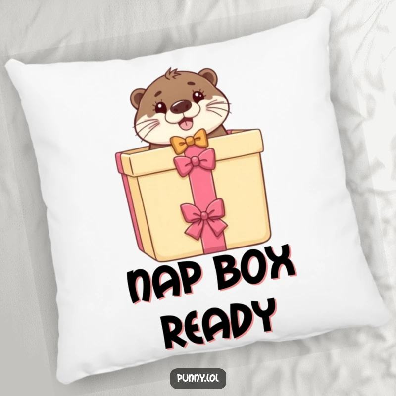Funny pillow featuring a happy otter in a bow tie peeking out of a gift box, perfect for cozy spaces.