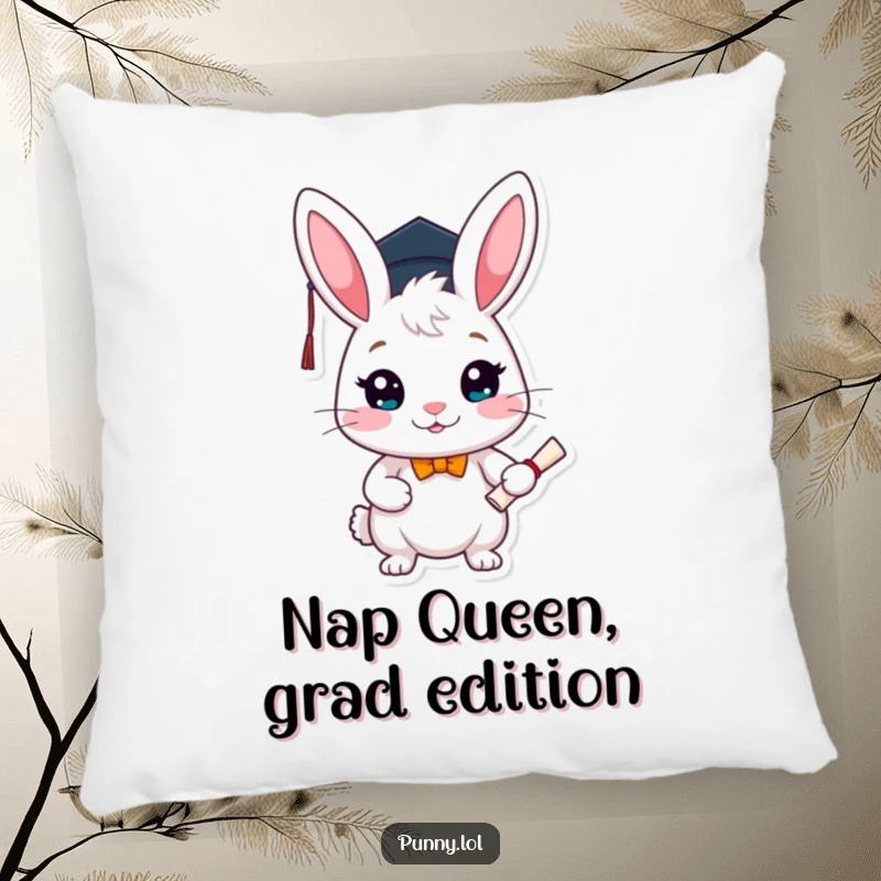 Funny graduation pillow featuring a cute rabbit scholar in a cap, holding a diploma, offering comfort and a touch of academic humor.