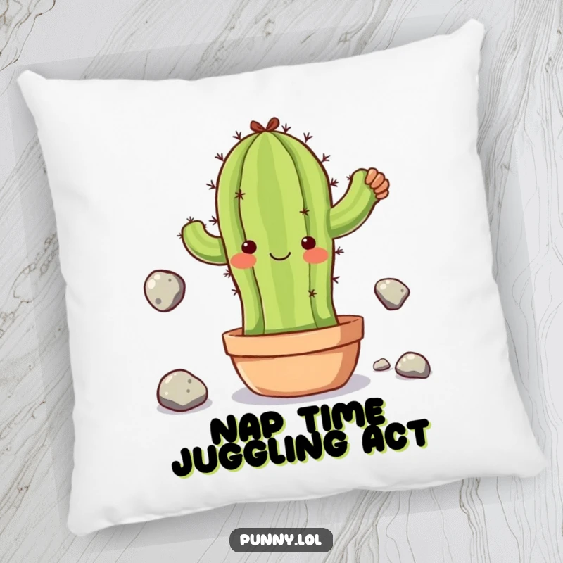 Funny pillow featuring a clumsy cactus character juggling stones, offering plush comfort and a humorous take on life's balancing acts.