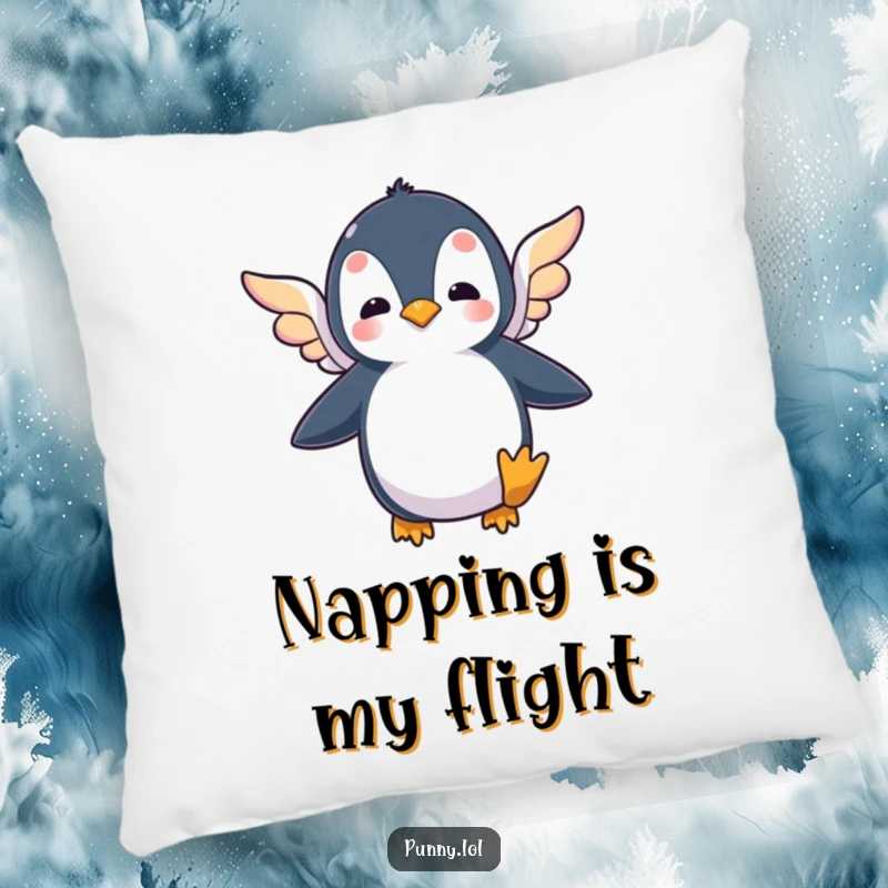 Funny pillow featuring a silly penguin flapping tiny, colorful wings, perfect for adding comfort and a humorous touch of ambition.