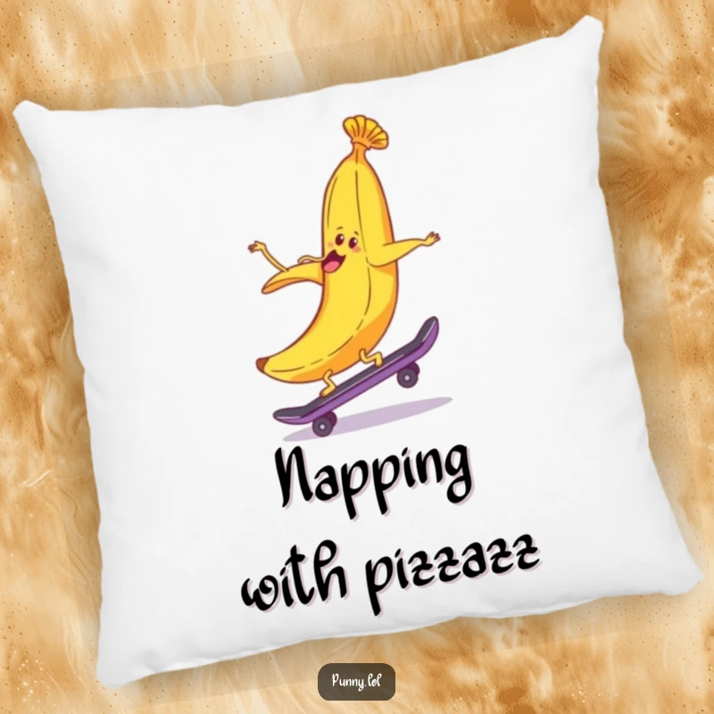 Plush pillow featuring a funny banana peel riding a skateboard backwards, offering comfort and humorous adventure.