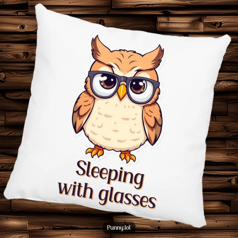 Funny pillow featuring a confused owl wearing eyeglasses upside down on its beak; a cute and humorous decorative accent.