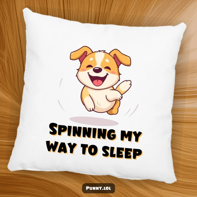 Funny Dog Pillow showcasing a happy, dizzy dog chasing its tail in an overjoyed circle, a comfortable and humorous decorative item.