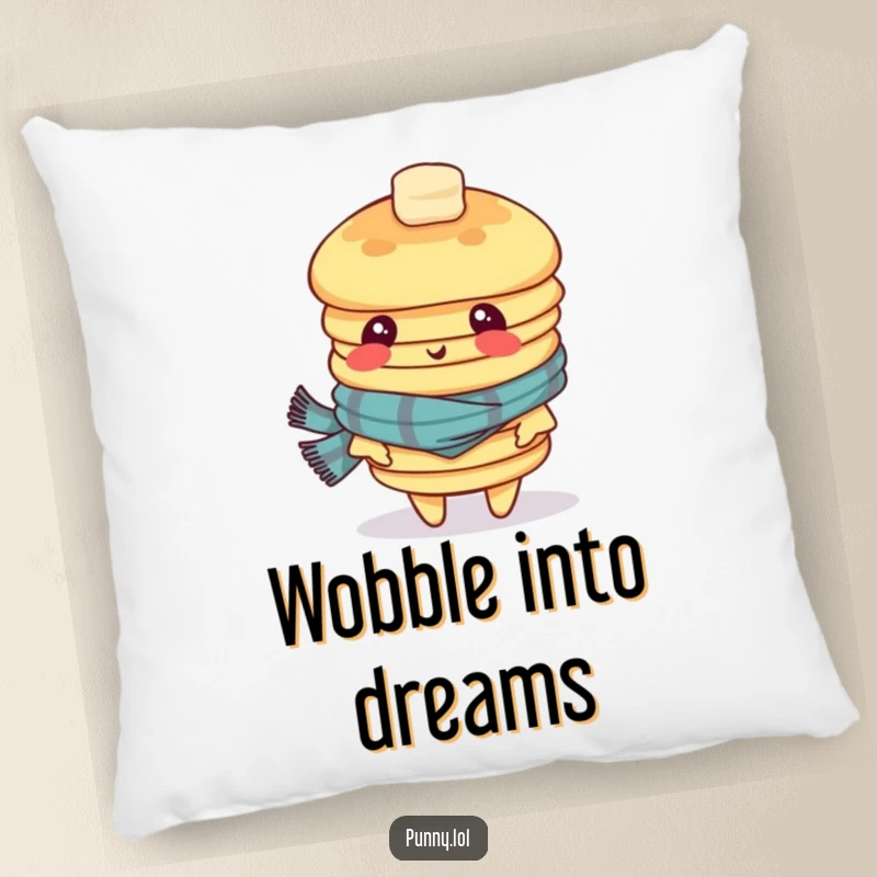 Funny decorative pillow featuring a dizzy stack of pancakes in a scarf, appearing disoriented, perfect for adding a whimsical touch to seating.