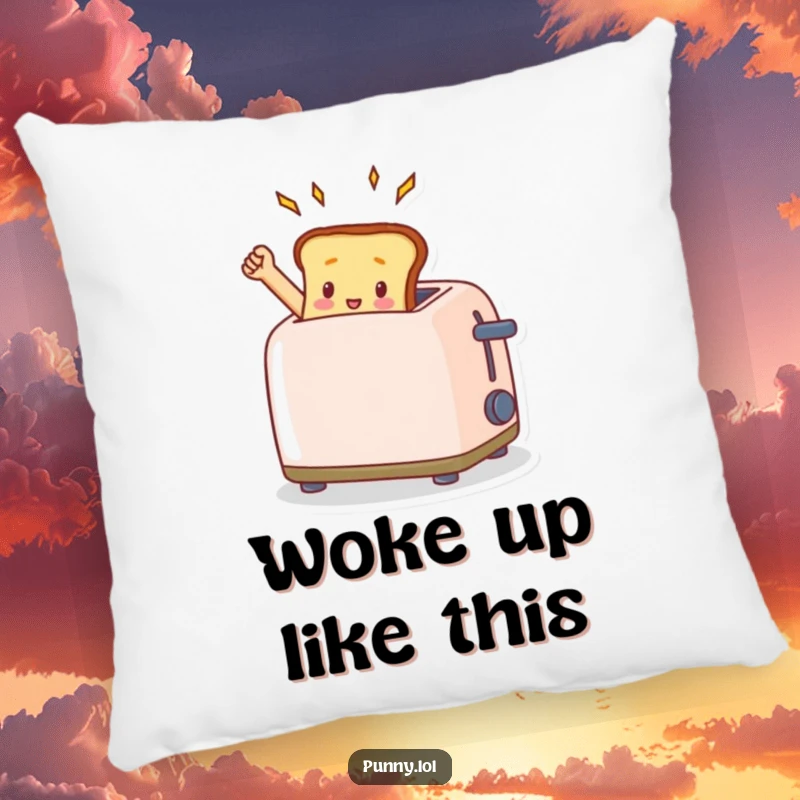 Plush pillow featuring a funny toast popping triumphantly from a toaster, offering comfort and breakfast humor.