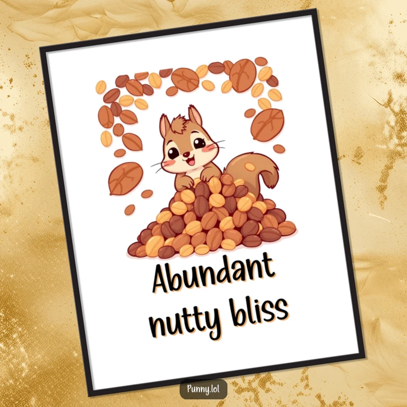 Funny digital art of a happy squirrel hoarding a huge pile of nuts, printable art for instant smiles.