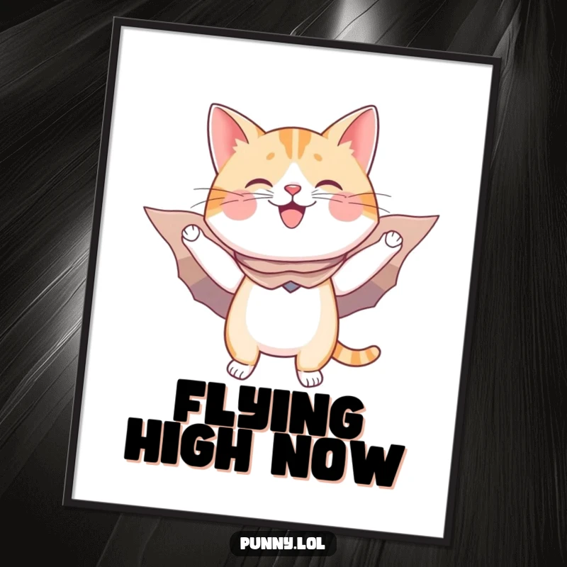 Funny digital art: a happy cat with a cape and cardboard wings leaps as if flying, an amusing and vibrant graphic.