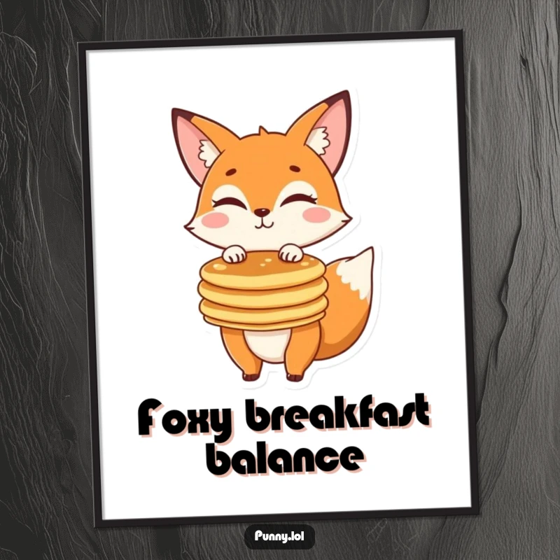 Funny fox winking, balancing a stack of pancakes, as a digital art print, ready to instantly brighten any wall.