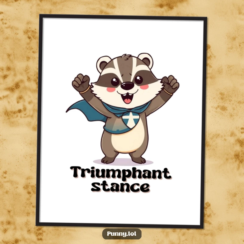 Funny digital art print of a triumphant badger wearing a superhero cape, striking a heroic pose, embodying victory and strength.