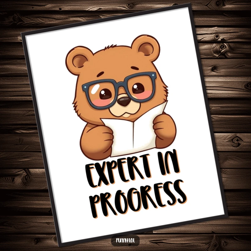 Funny digital art print of a bear wearing oversized glasses, intently examining a tiny piece of paper, embodying intellectual humor.