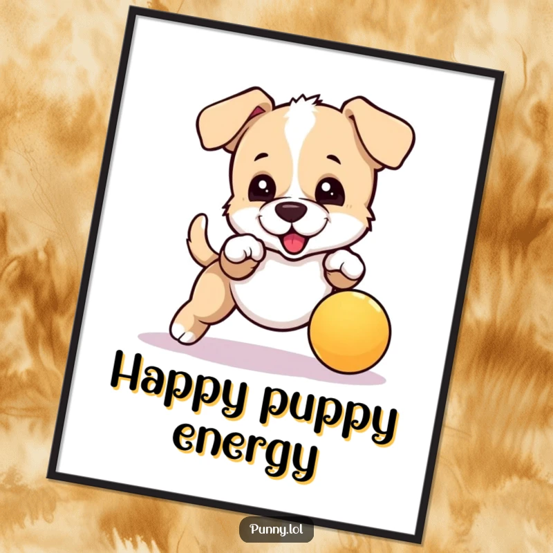 Funny digital art of an excited puppy leaping to catch a bouncing ball, printable art for instant smiles.