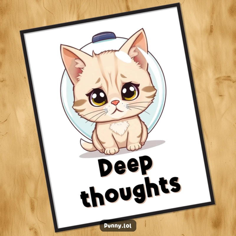 Funny digital art print of a confused cat trying to wear a fishbowl as a helmet, a comical and charming piece.