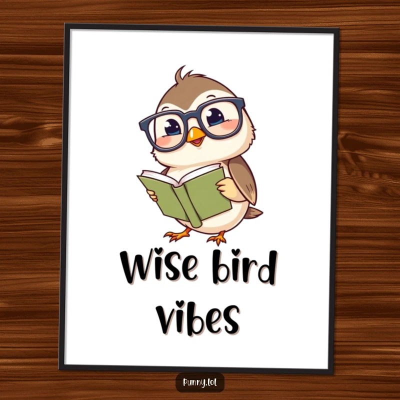 Funny digital art print of a giggling chickadee in large spectacles, reading a miniature book, ready for instant download.