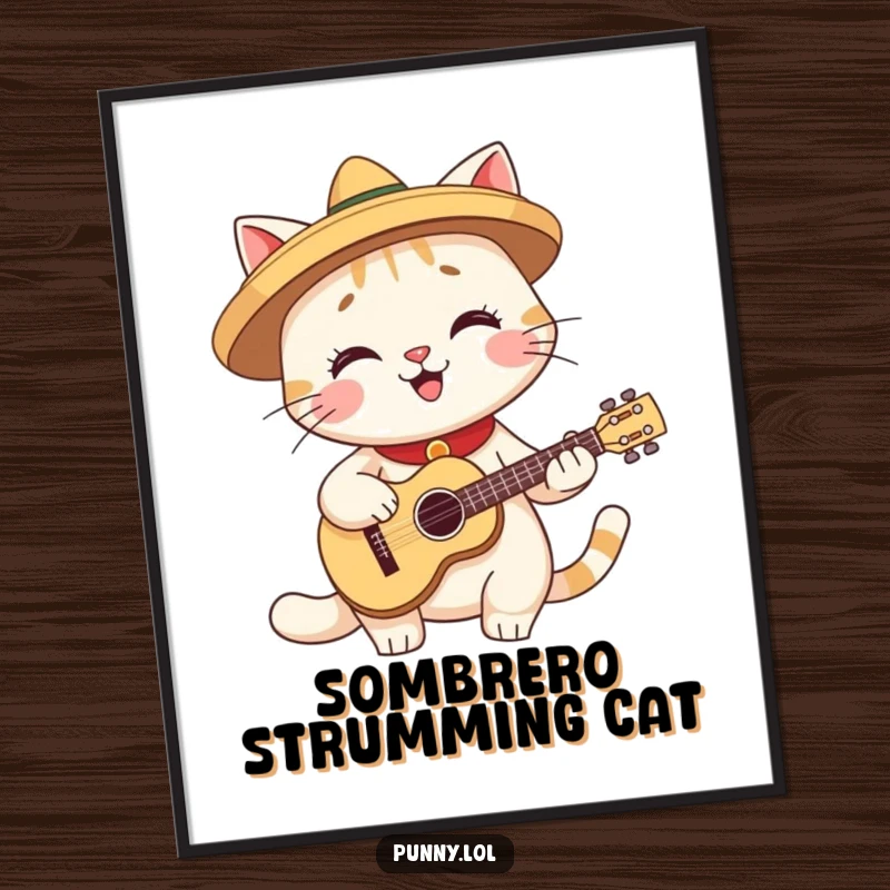 Funny digital art print of a smiling cat wearing a small sombrero and playing a miniature guitar, ready for framing.