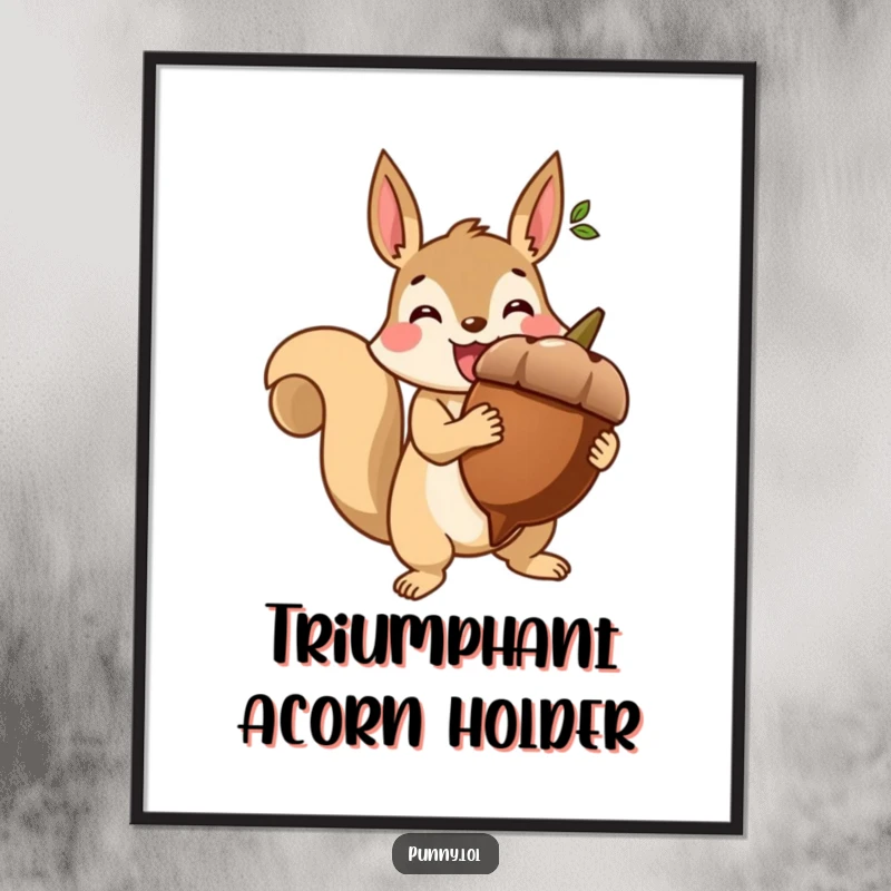 Funny digital art print of a beaming squirrel holding a giant acorn like a trophy, ready for framing.
