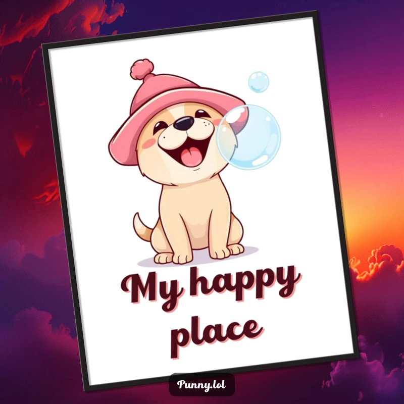 Funny digital art print of a happy dog wearing a silly hat, enthusiastically barking at a floating bubble, capturing pure, silly excitement.