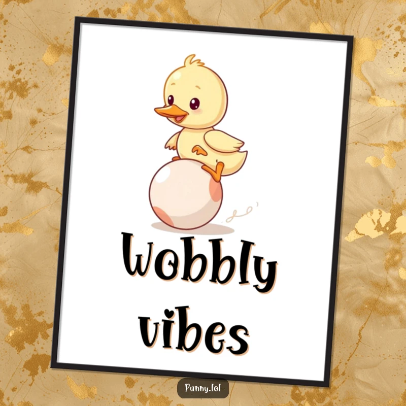 Funny Duckling Digital Art Print: A wobbly duckling hilariously attempts to ride a bouncing ball, bringing comical joy to any space.