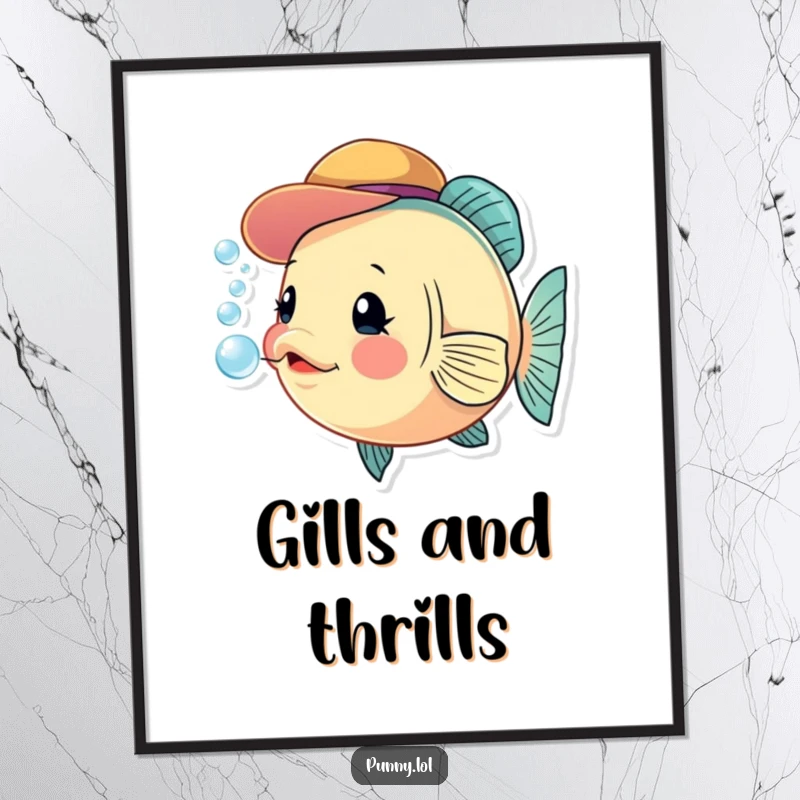 Funny fish digital art print, a curious fish wearing a hat and blowing bubbles, offering instant whimsical decor.