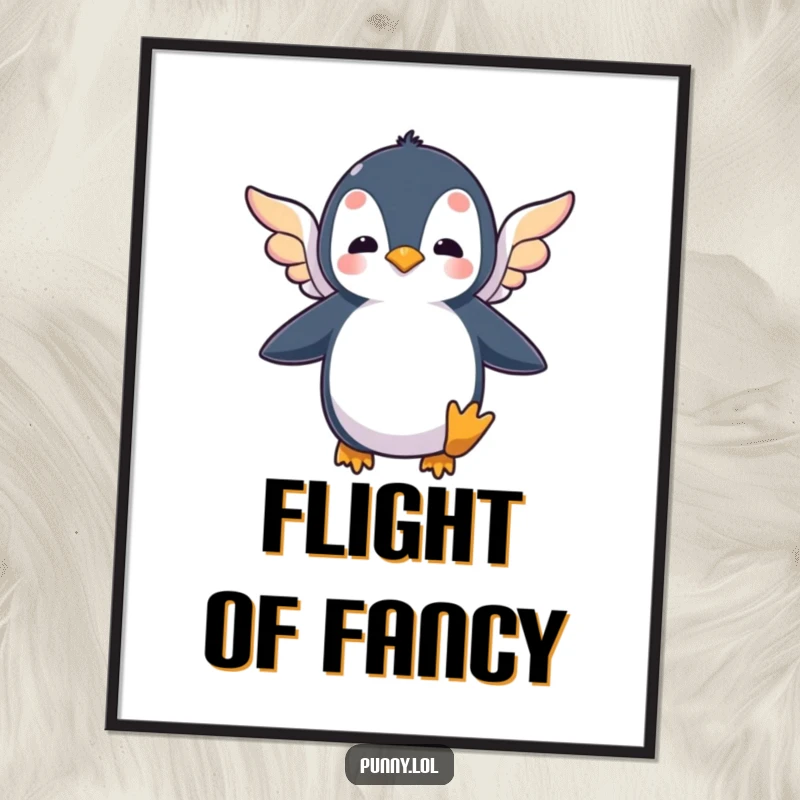 Funny digital art print of a silly penguin flapping tiny, colorful wings in a comical, yet determined, attempt to fly.
