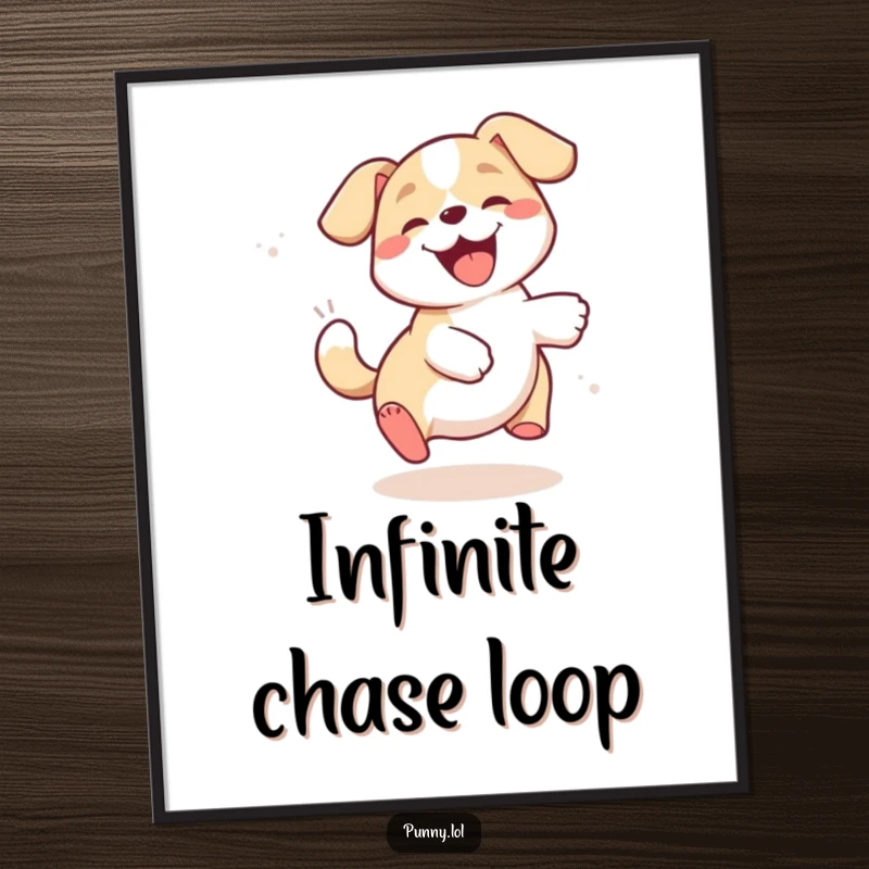 Funny dog digital art print showing a happy puppy comically chasing its own tail in a dizzying, hilarious circle.