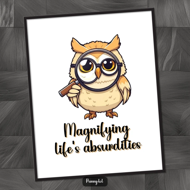 Funny Digital Art Print: A grinning owl in a monocle examines something with a large magnifying glass, a witty and humorous piece for a funny gift.