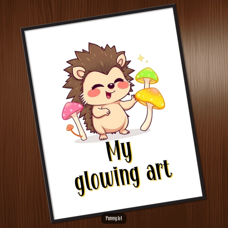 Funny digital art print of a giggling hedgehog character juggling colorful glowing mushrooms, radiating pure, humorous delight.