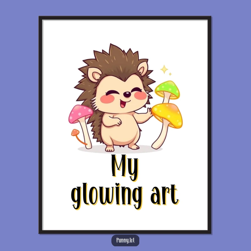 Funny Hedgehog Digital Art: Giggling Juggler of Glowing Mushrooms, Instant Fun Gift!