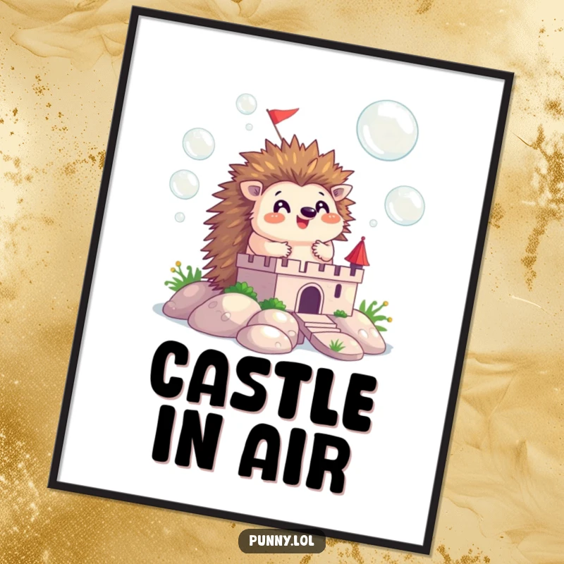 Funny digital art print of a happy hedgehog constructing a castle from iridescent bubbles, ready for instant download.