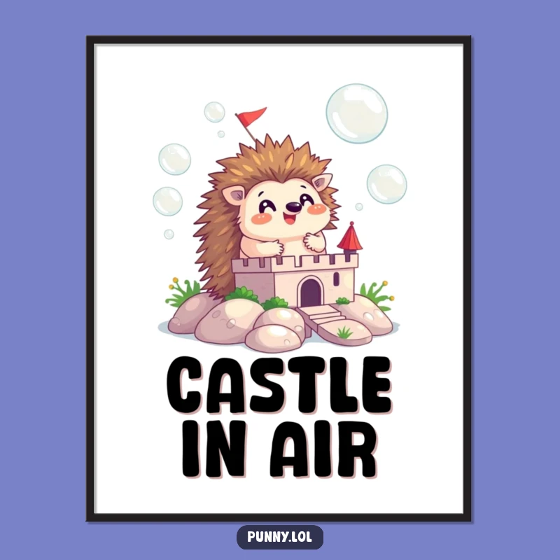 Funny Hedgehog Digital Art: Happy Bubble Castle, Instant Download Whimsical Print