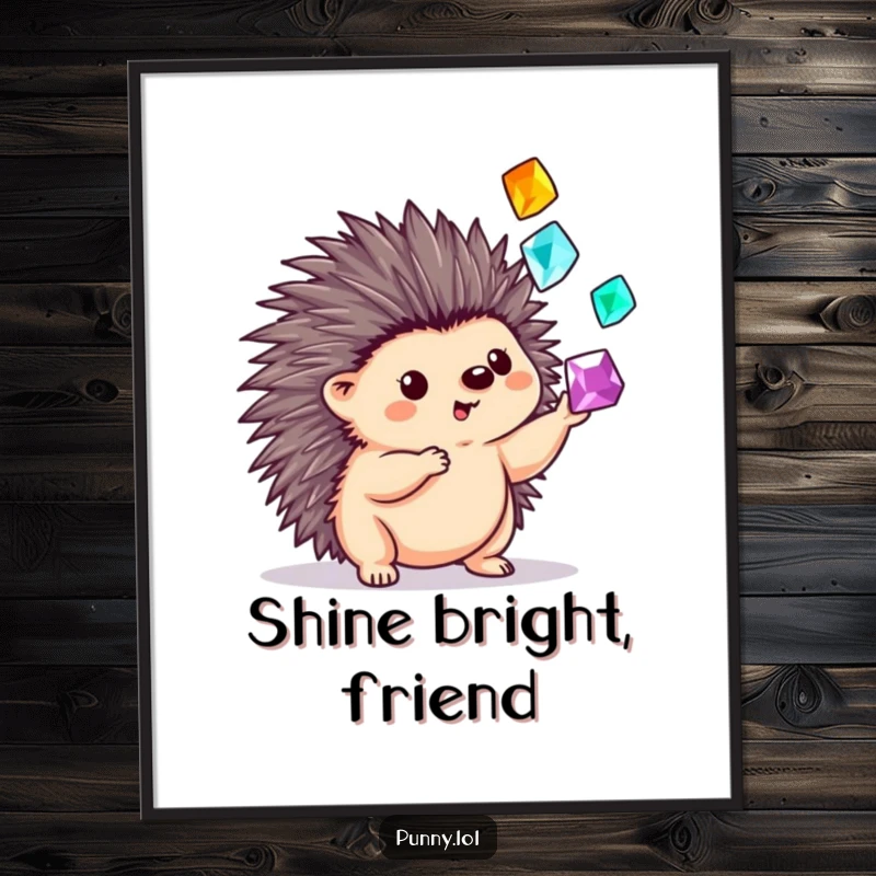 Funny digital art print of a playful hedgehog juggling sparkling gems with its quills, creating a delightful and whimsical scene.