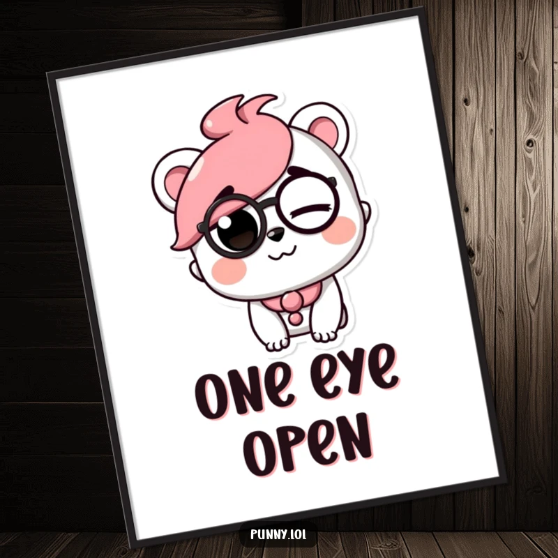 Funny digital art print of a playful character in a monocle, winking with a raised eyebrow, adding witty decor.