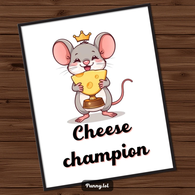Funny Mouse Digital Art Print: A triumphant mouse holds a giant cheese wedge trophy aloft, perfect for celebrating delicious victories.