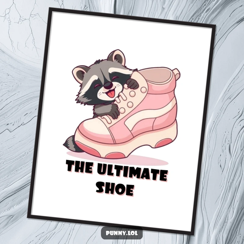 Funny Raccoon Shoe Hug Digital Art Print: A playful raccoon gleefully hugs a giant inflatable shoe, radiating pure happiness.